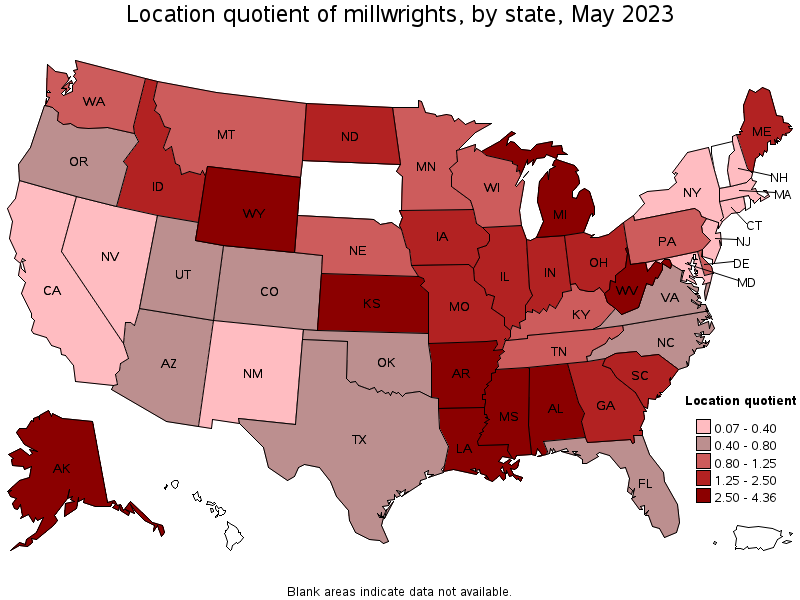 Map of location quotient of millwrights by state, May 2023