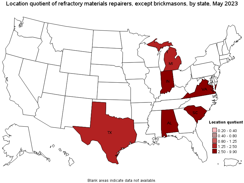 Map of location quotient of refractory materials repairers, except brickmasons by state, May 2023
