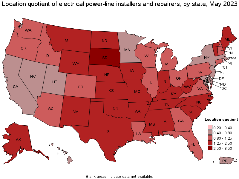 Map of location quotient of electrical power-line installers and repairers by state, May 2023