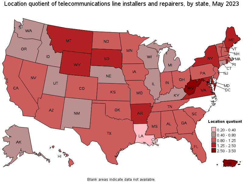 Map of location quotient of telecommunications line installers and repairers by state, May 2023
