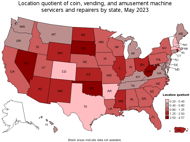 Map of location quotient of coin, vending, and amusement machine servicers and repairers by state, May 2023