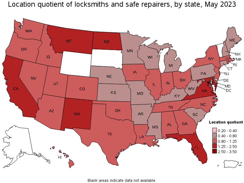 Map of location quotient of locksmiths and safe repairers by state, May 2023