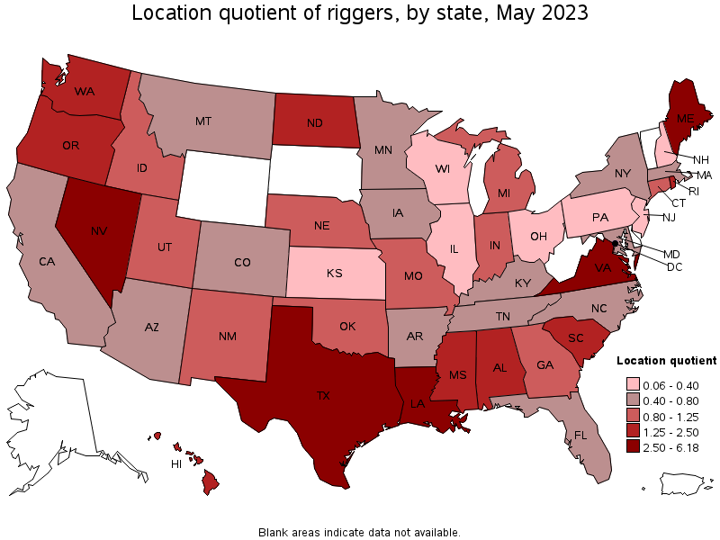 Map of location quotient of riggers by state, May 2023
