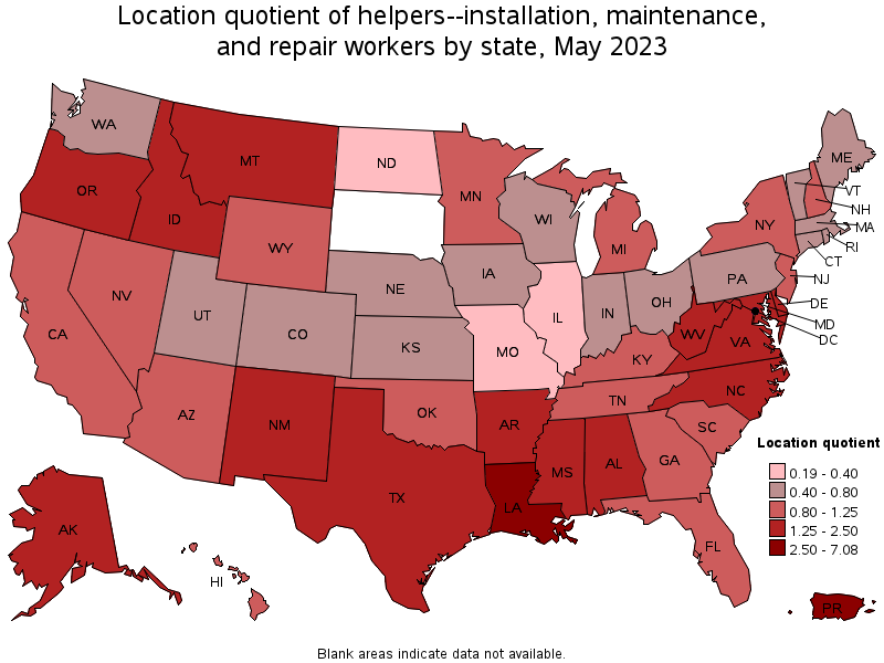 Map of location quotient of helpers--installation, maintenance, and repair workers by state, May 2023