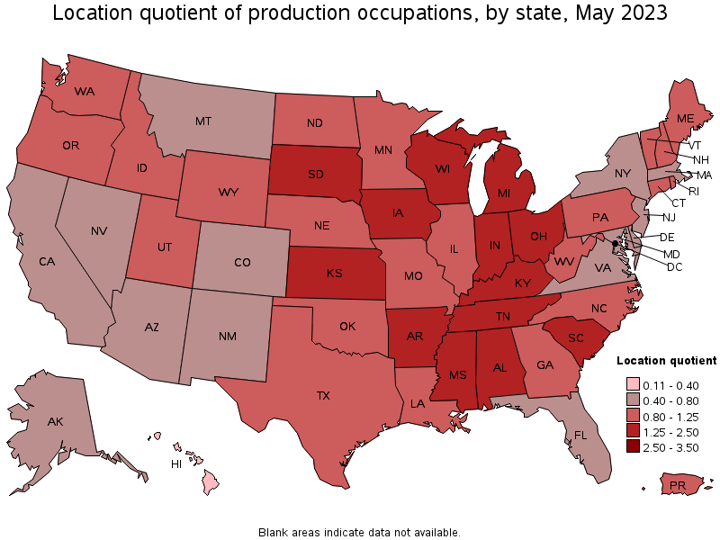 Map of location quotient of production occupations by state, May 2023