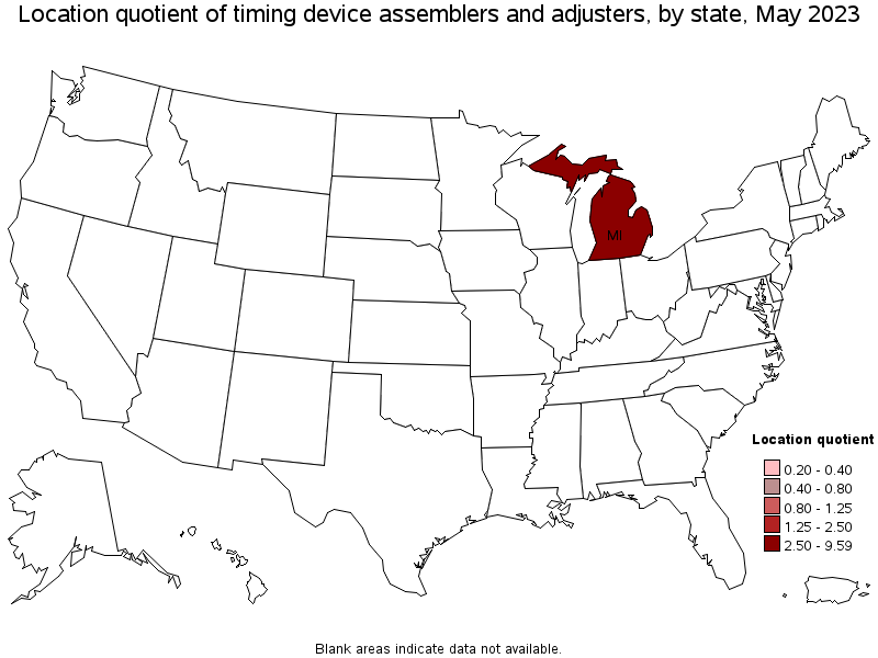 Map of location quotient of timing device assemblers and adjusters by state, May 2023