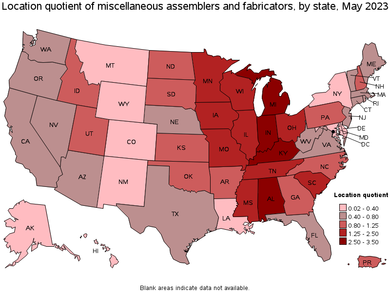 Map of location quotient of miscellaneous assemblers and fabricators by state, May 2023