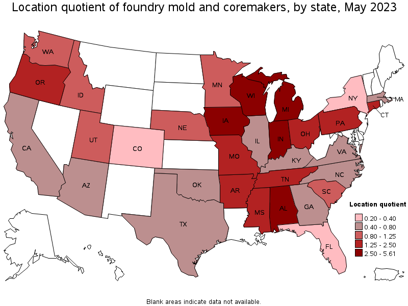 Map of location quotient of foundry mold and coremakers by state, May 2023