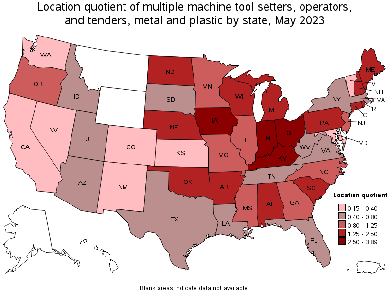 Map of location quotient of multiple machine tool setters, operators, and tenders, metal and plastic by state, May 2023