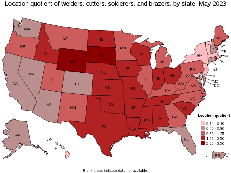 Map of location quotient of welders, cutters, solderers, and brazers by state, May 2023