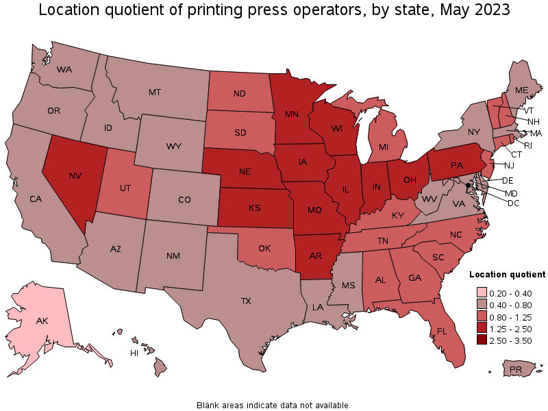Map of location quotient of printing press operators by state, May 2023