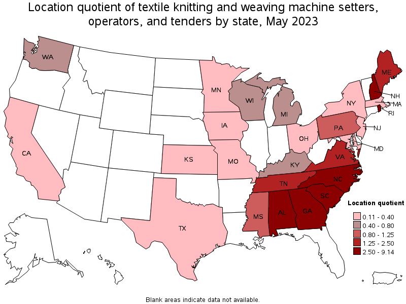 Map of location quotient of textile knitting and weaving machine setters, operators, and tenders by state, May 2023