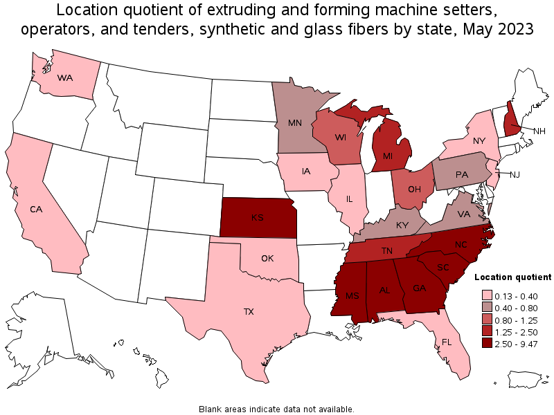 Map of location quotient of extruding and forming machine setters, operators, and tenders, synthetic and glass fibers by state, May 2023
