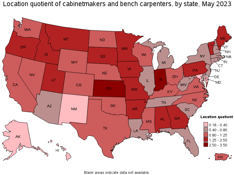 Map of location quotient of cabinetmakers and bench carpenters by state, May 2023