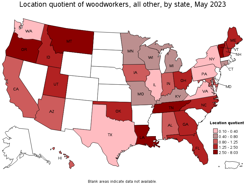 Map of location quotient of woodworkers, all other by state, May 2023