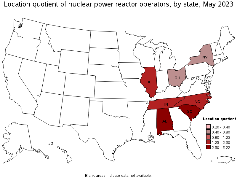 Map of location quotient of nuclear power reactor operators by state, May 2023