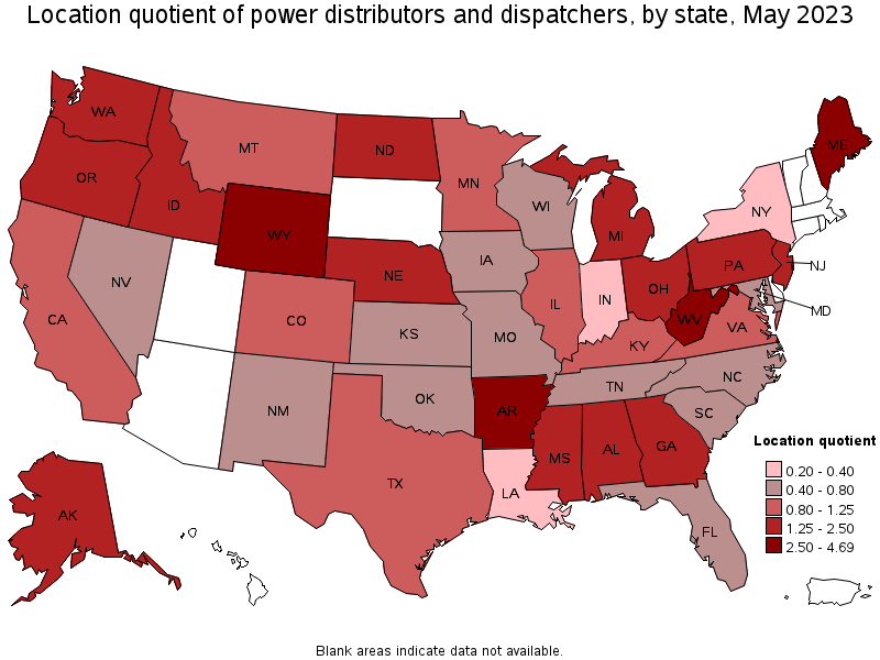 Map of location quotient of power distributors and dispatchers by state, May 2023
