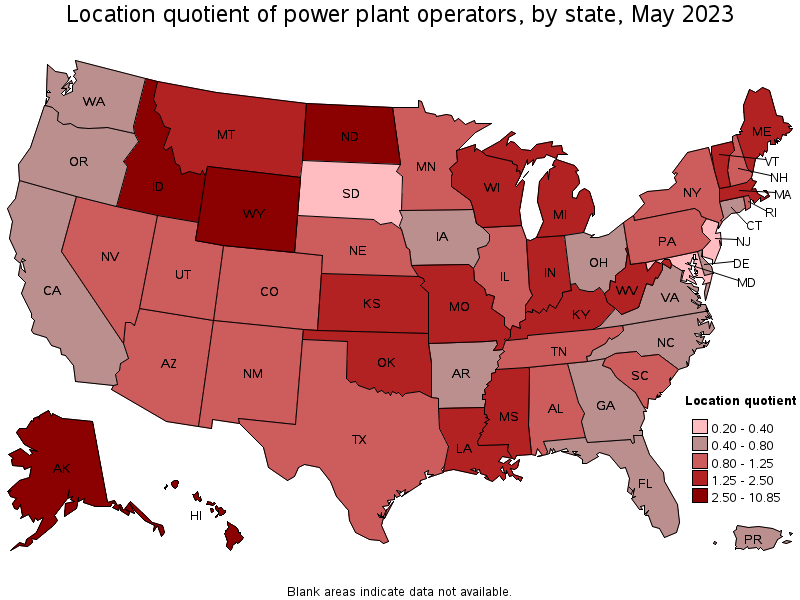 Map of location quotient of power plant operators by state, May 2023