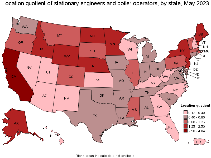 Map of location quotient of stationary engineers and boiler operators by state, May 2023