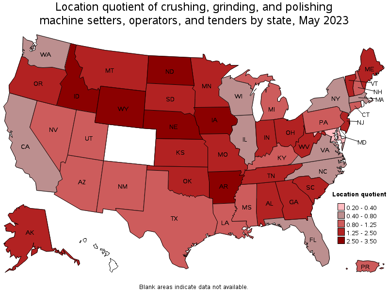 Map of location quotient of crushing, grinding, and polishing machine setters, operators, and tenders by state, May 2023