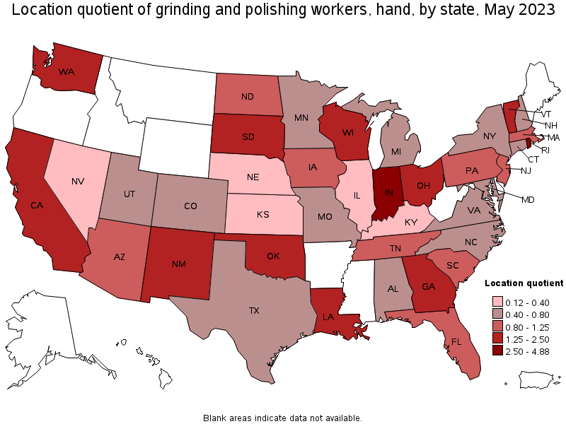Map of location quotient of grinding and polishing workers, hand by state, May 2023