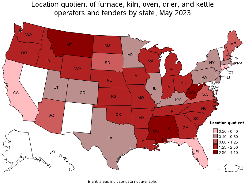 Map of location quotient of furnace, kiln, oven, drier, and kettle operators and tenders by state, May 2023