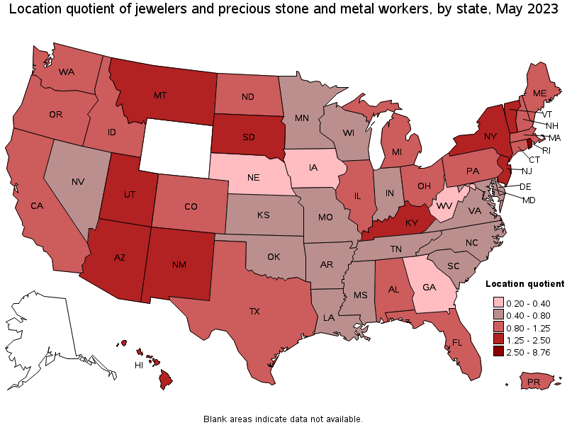 Map of location quotient of jewelers and precious stone and metal workers by state, May 2023
