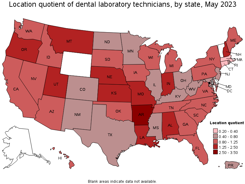 Map of location quotient of dental laboratory technicians by state, May 2023