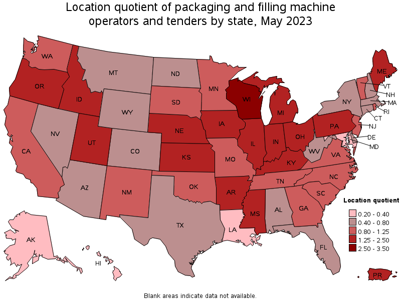 Map of location quotient of packaging and filling machine operators and tenders by state, May 2023