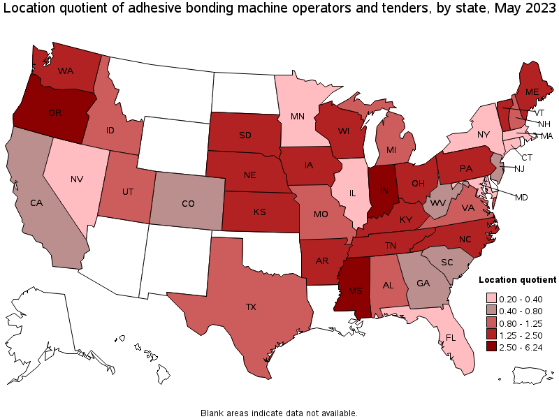 Map of location quotient of adhesive bonding machine operators and tenders by state, May 2023