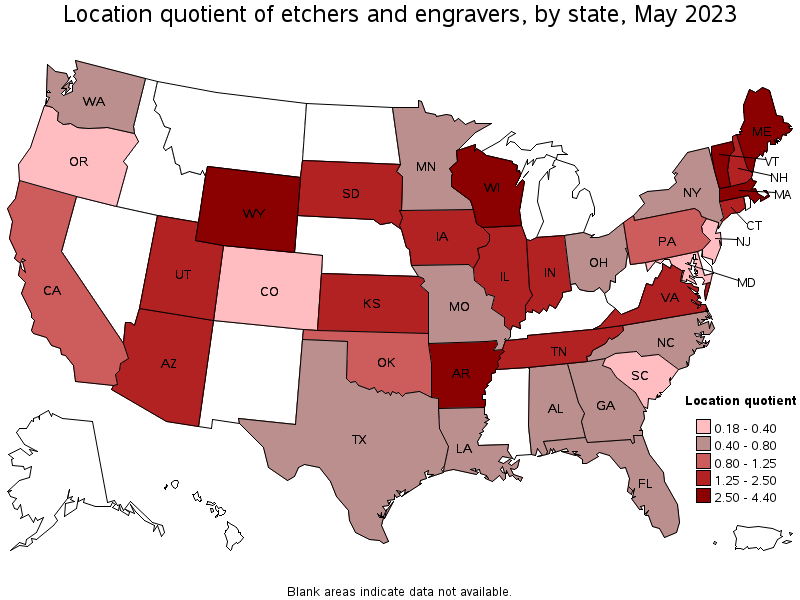 Map of location quotient of etchers and engravers by state, May 2023