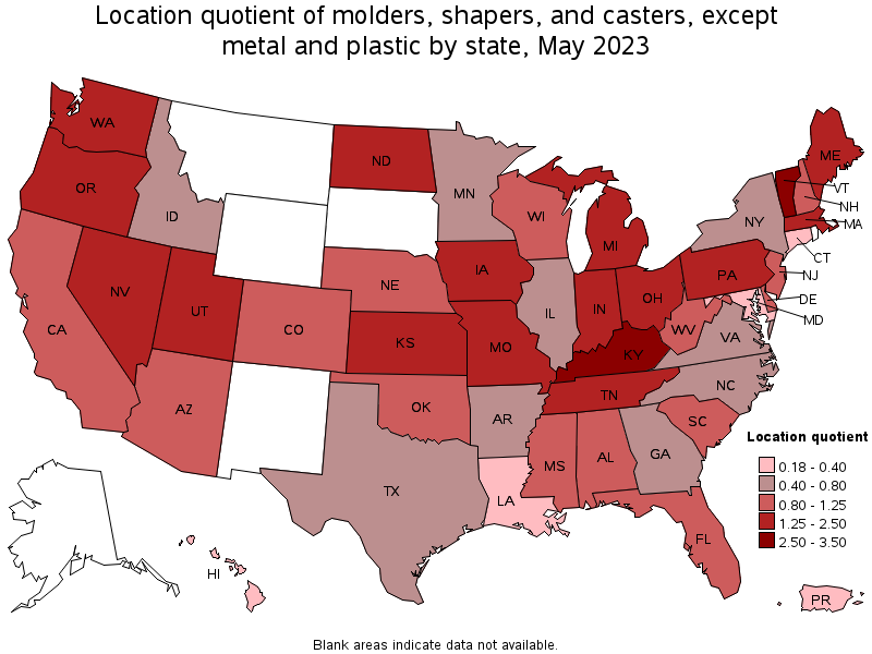 Map of location quotient of molders, shapers, and casters, except metal and plastic by state, May 2023