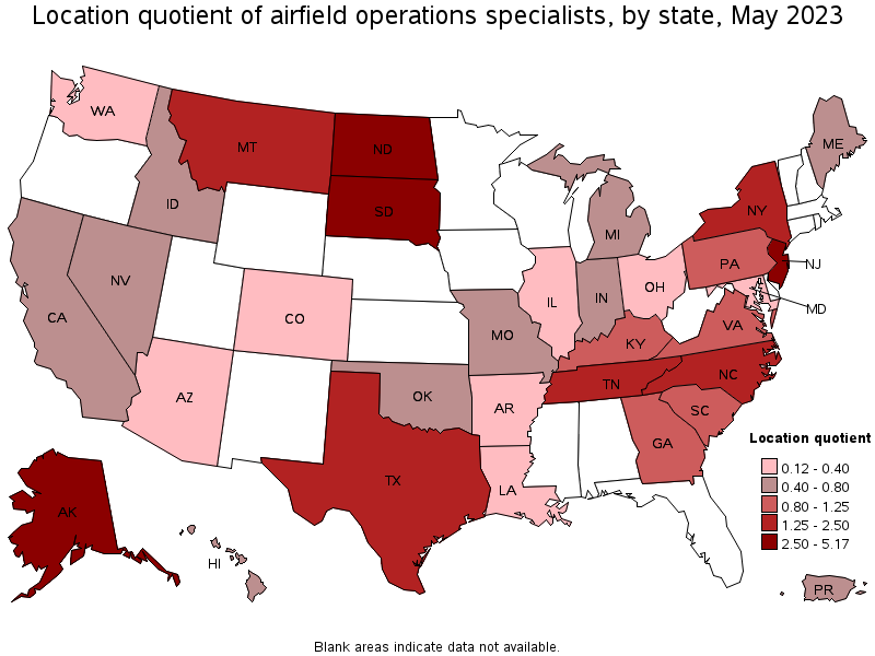 Map of location quotient of airfield operations specialists by state, May 2023