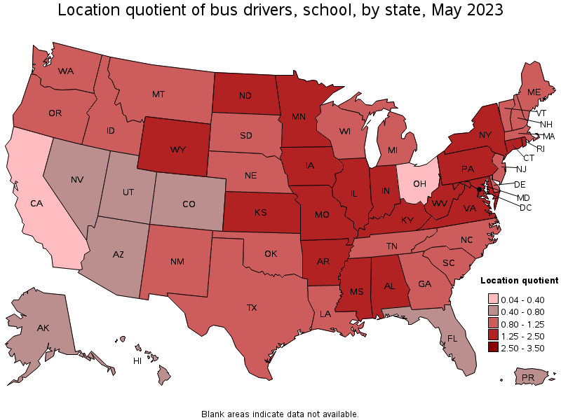 Map of location quotient of bus drivers, school by state, May 2023