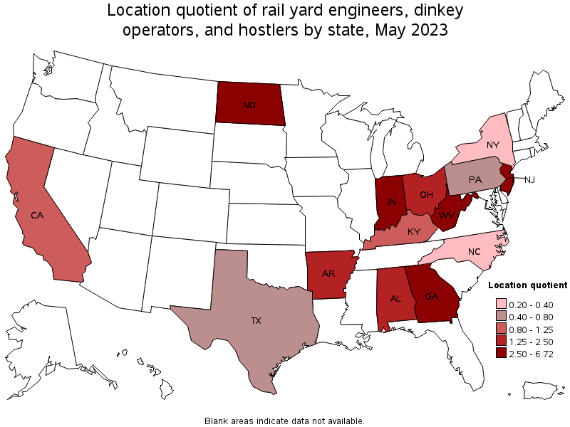 Map of location quotient of rail yard engineers, dinkey operators, and hostlers by state, May 2023