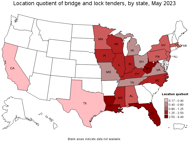 Map of location quotient of bridge and lock tenders by state, May 2023