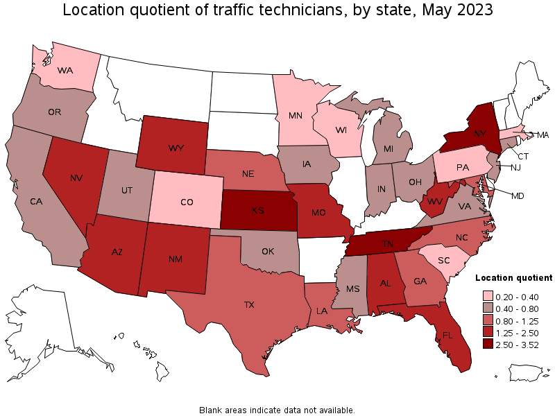 Map of location quotient of traffic technicians by state, May 2023