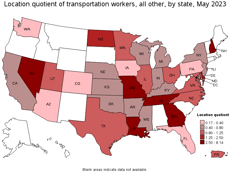 Map of location quotient of transportation workers, all other by state, May 2023