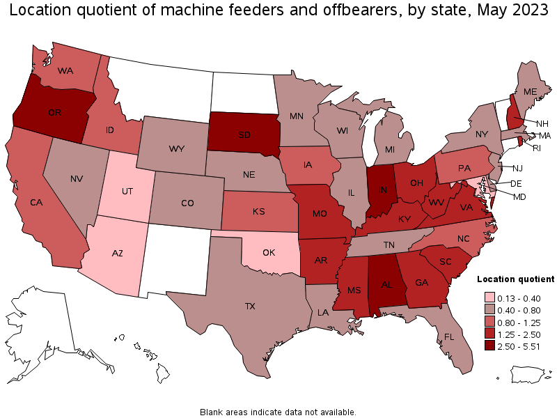 Map of location quotient of machine feeders and offbearers by state, May 2023