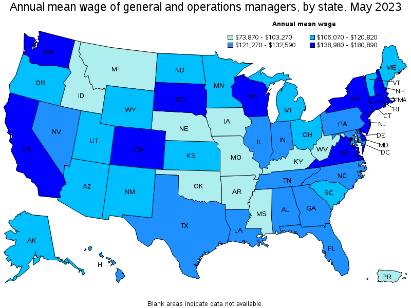 Map of annual mean wages of general and operations managers by state, May 2023