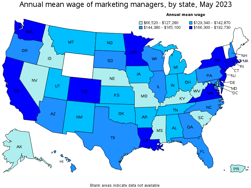 Map of annual mean wages of marketing managers by state, May 2023