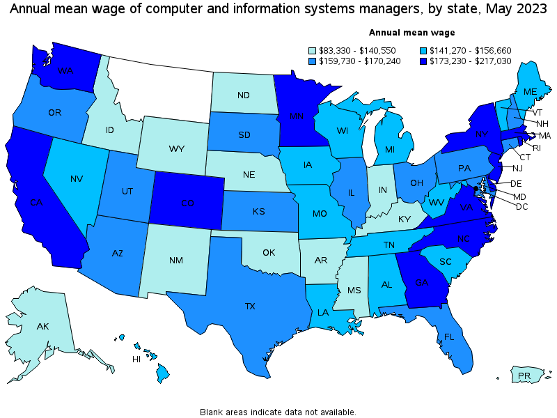 Map of annual mean wages of computer and information systems managers by state, May 2023