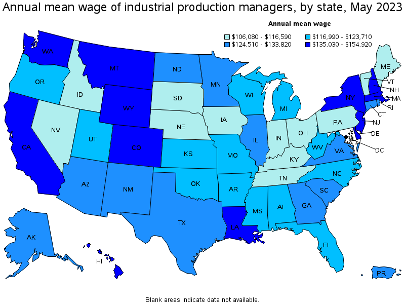 Map of annual mean wages of industrial production managers by state, May 2023