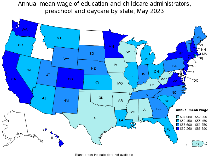 Map of annual mean wages of education and childcare administrators, preschool and daycare by state, May 2023