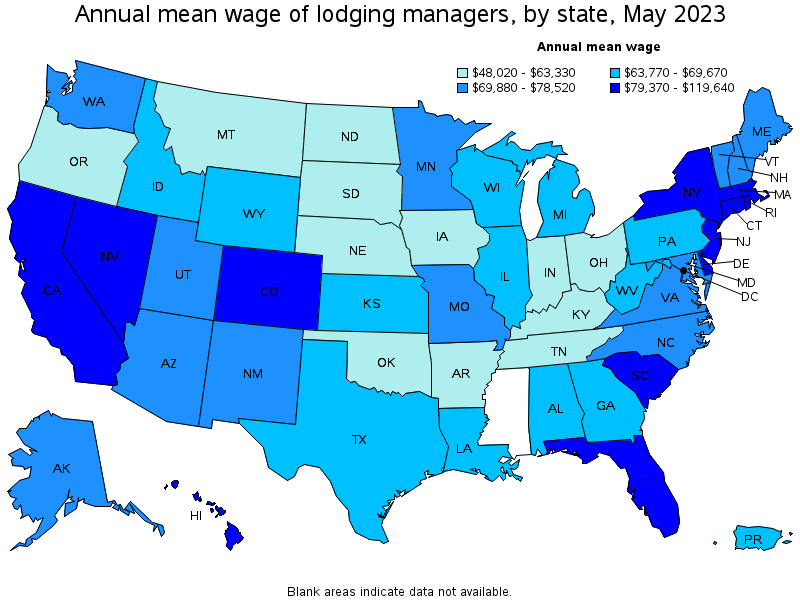 Map of annual mean wages of lodging managers by state, May 2023