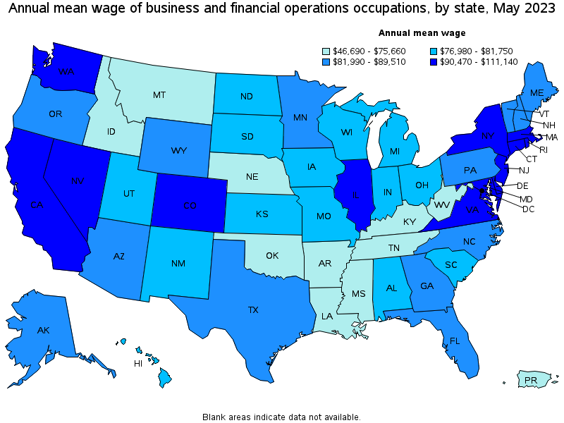 Map of annual mean wages of business and financial operations occupations by state, May 2023