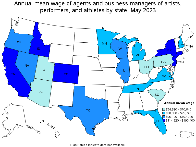 Map of annual mean wages of agents and business managers of artists, performers, and athletes by state, May 2023