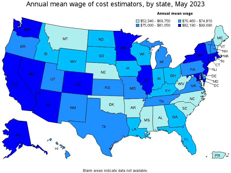 Map of annual mean wages of cost estimators by state, May 2023