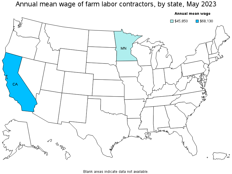 Map of annual mean wages of farm labor contractors by state, May 2023