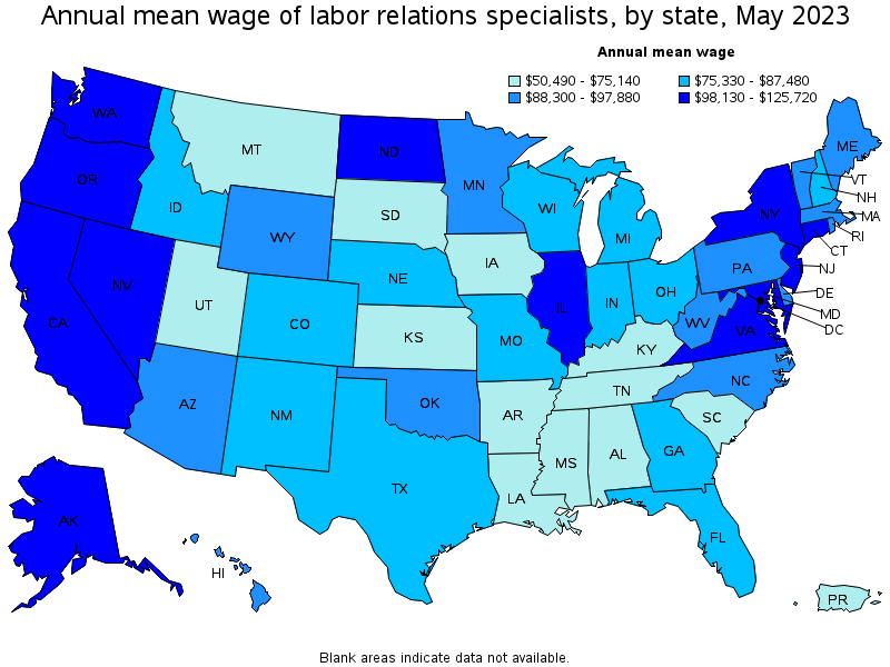 Map of annual mean wages of labor relations specialists by state, May 2023